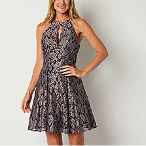 Lace Fit And Flare Sleeveless Glitter Dress City Studios Juniors' Glitter Lace  Fit Flare Dress